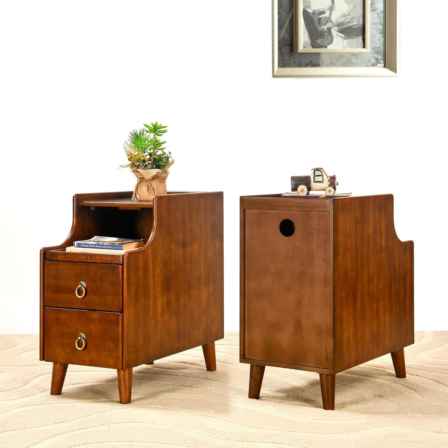 Narrow End Side Table with 2 Drawers and Pull-Out Tray, No-Tools Assembly Sofa Beside Table for Living Room, Slim Side Table with Solid Wood Legs, 11.8'W x 21.6'L x 22.9'H Caramel Brown BG-A1359-MG