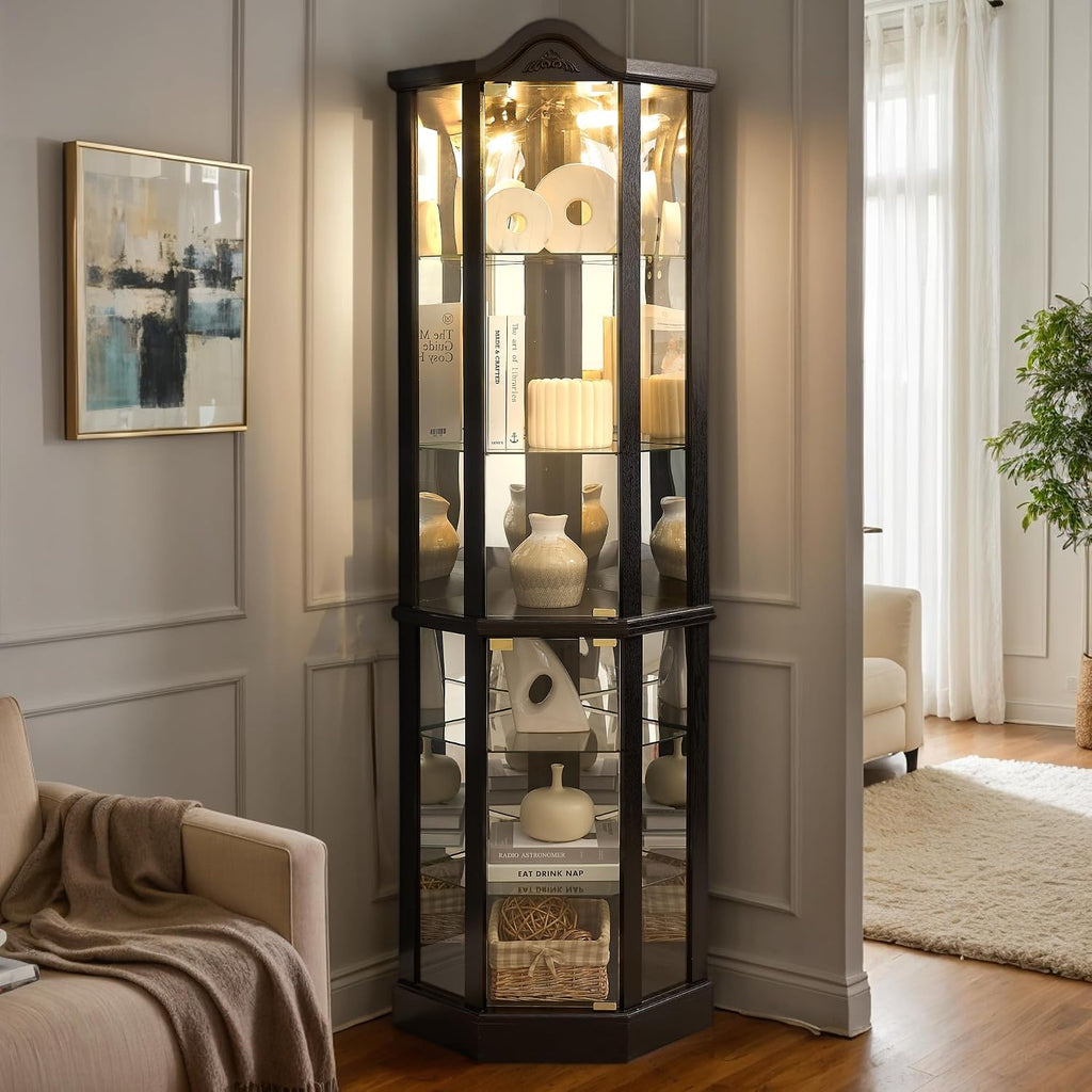 72' H Lighted Corner Curio Cabinet, Wooden Curio Cabinet with Tempered Glass Doors, 6-Tier Shelves Corner Cabinet with Glass, Liquor Display Storage Rack for Living Room(Black)