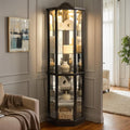 72' H Lighted Corner Curio Cabinet, Wooden Curio Cabinet with Tempered Glass Doors, 6-Tier Shelves Corner Cabinet with Glass, Liquor Display Storage Rack for Living Room(Black)