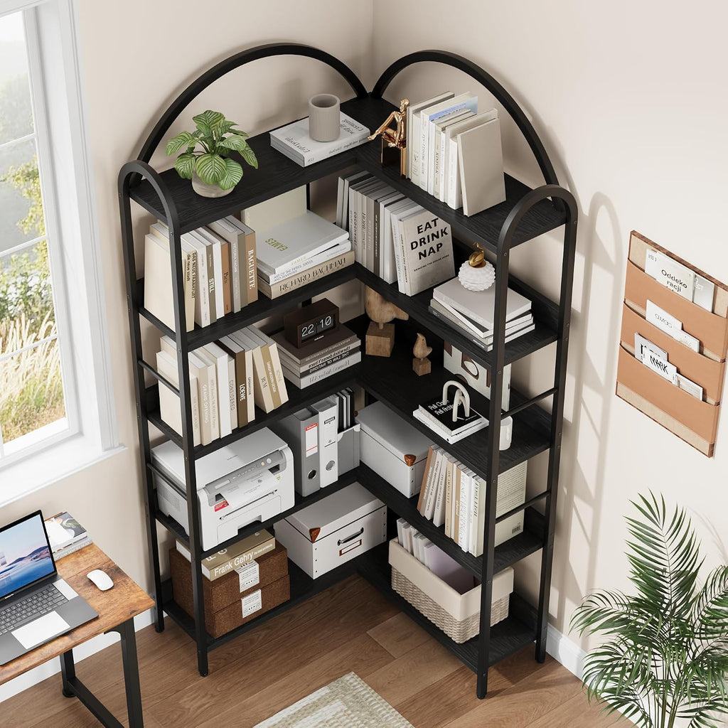 GarveeHome Arched Bookshelf Corner Bookcase, L Shaped Bookshelf Industrial Corner Bookshelves, Large Bookcase with Metal Frame, Corner Shelf Arch Display Rack for Living Room Bedroom