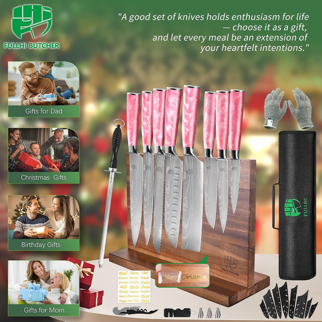 FULLHI 15pcs Japanese Knife Set with Magnetic Knife Block Holder, Stainless Steel Blades, Pink Resin Ergonomic Handles for Professional and Home Cooking