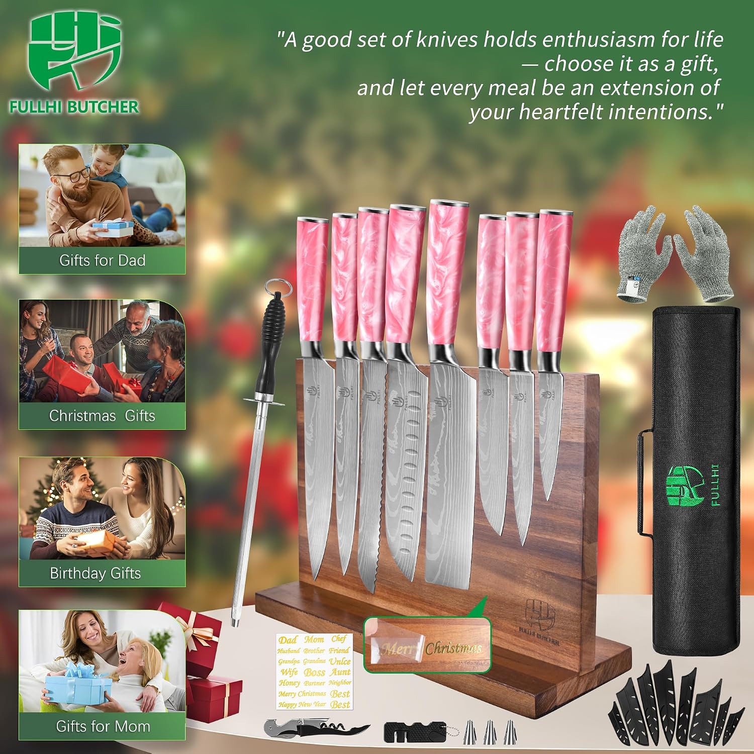 FULLHI 15pcs Japanese Knife Set with Magnetic Knife Block Holder, Stainless Steel Blades, Pink Resin Ergonomic Handles for Professional and Home Cooking