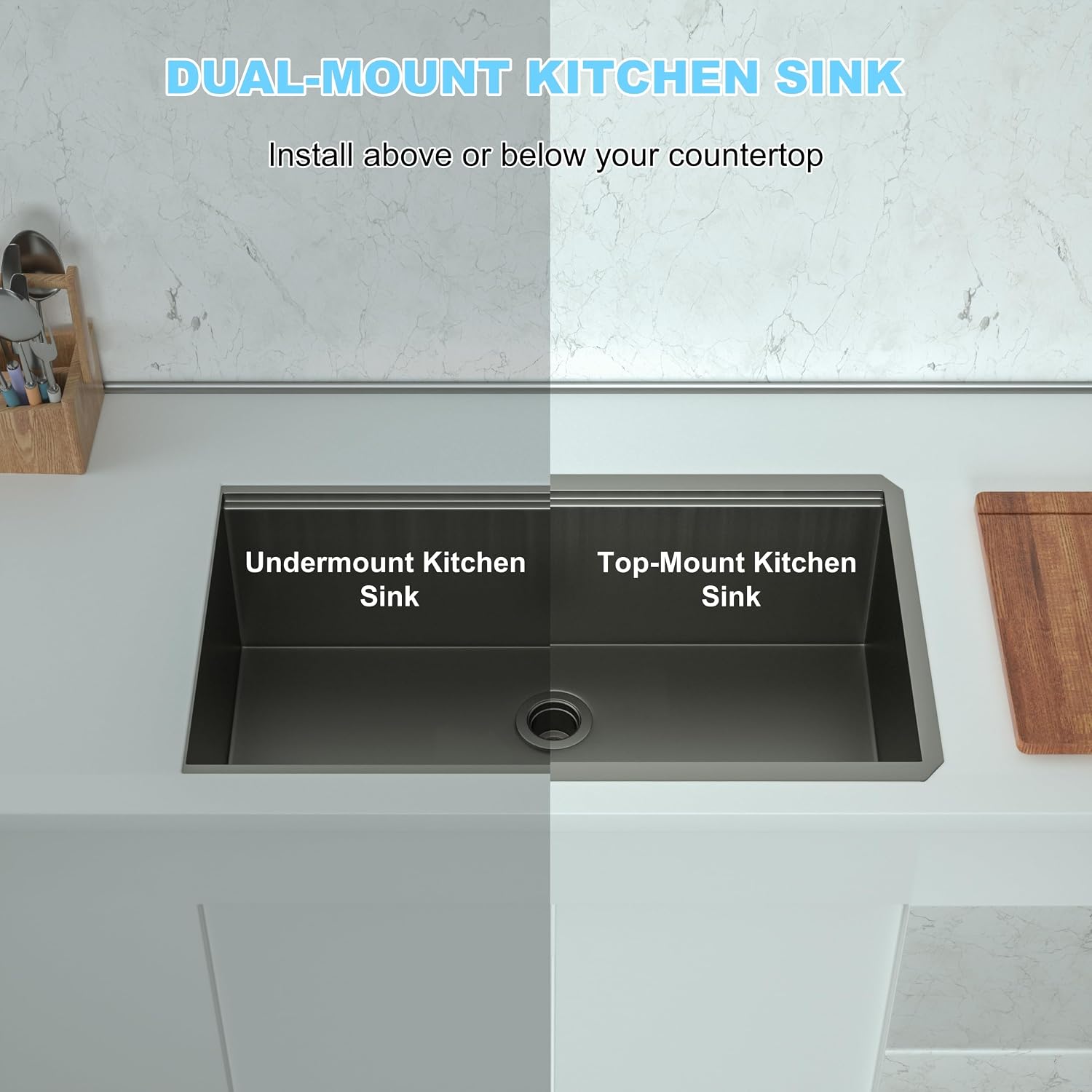 33 Inch Single Bowl Drop In Kitchen Sink, Stainless Steel Kitchen Sink Large Farmhouse Workstation Sinks with Faucet, Single Bowl Topmount Sink, Gunmetal Black