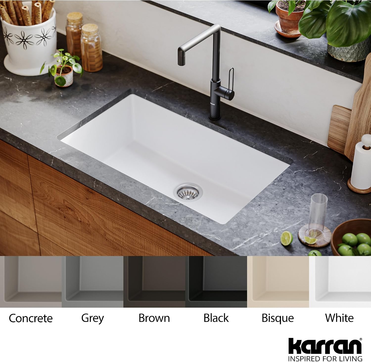 Karran Undermount 33' Large Single Bowl Granite Quartz Composite Kitchen Sink in Concrete – Extra Deep 9' Basin, Heat & Scratch Resistant, Sound Dampening, Rear Drain – QU-812