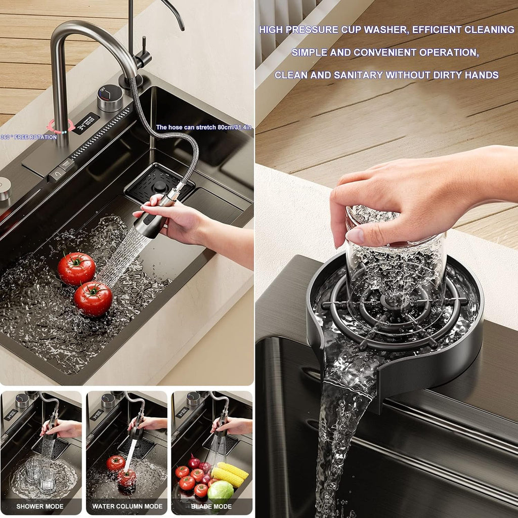 Digital Display Single Bowl Kitchen Sink SUS304 Stainless Steel Bar Sink Multifunctional Nano RV Sink with Flying Rain Pull-Out Faucet & Drainage Accessorie(Black-75x46x22cm
