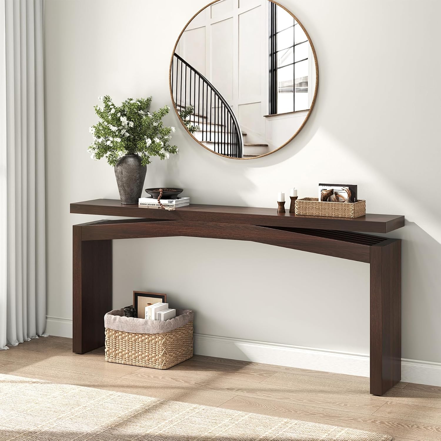 Epecoya Modern Dark Brown Console Table for Living Room, Vintage Wooden Entry Way Tables 63', Behind Couch Table Skinny for Entrance, Hallway, Home, Apartment, Dark Brown