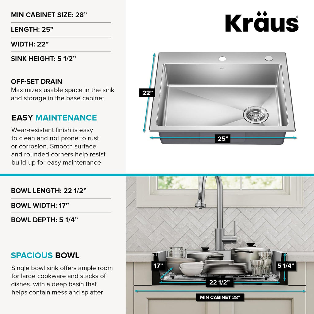 KRAUS Fairlane 25-inch ADA Compliant Drop In/Top Mount Single Bowl 18-Gauge Stainless Steel Kitchen Sink, KHT641-25-5.5