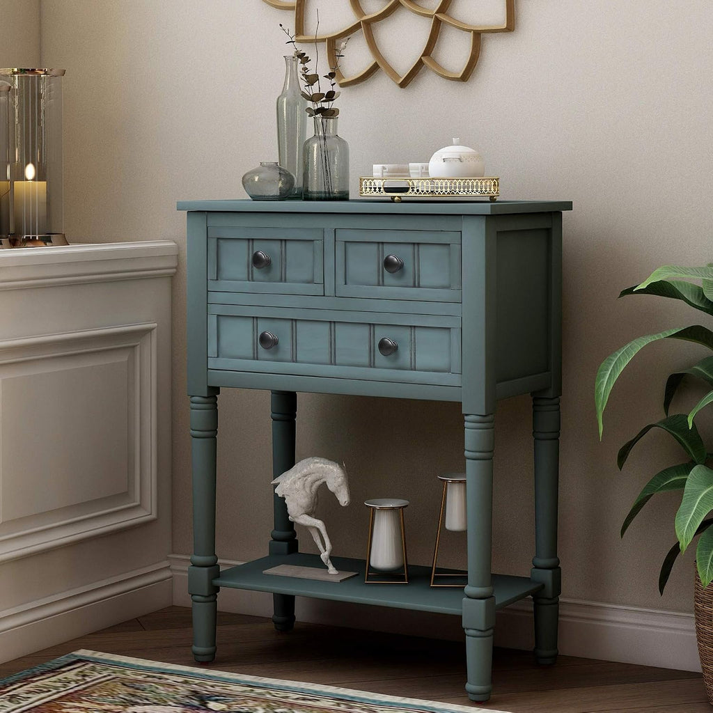 P PURLOVE Narrow Console Table, Farmhouse Entryway Table Slim Sofa Table with Three Storage Drawers and Bottom Shelf, Wood Entry Table for Living Room,Easy Assembly,Navy