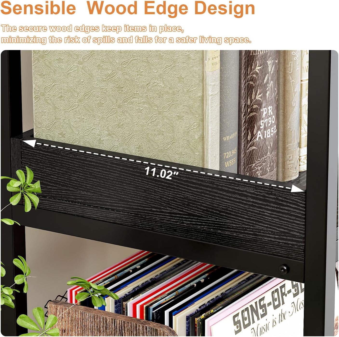 KOUSEI 5-Tier Corner Bookshelf, Reversible L-Shaped Bookcase with 4 Hooks, 65' Industrial Wood & Metal Storage Shelf for Living Room, Home Office & Bedroom, Black