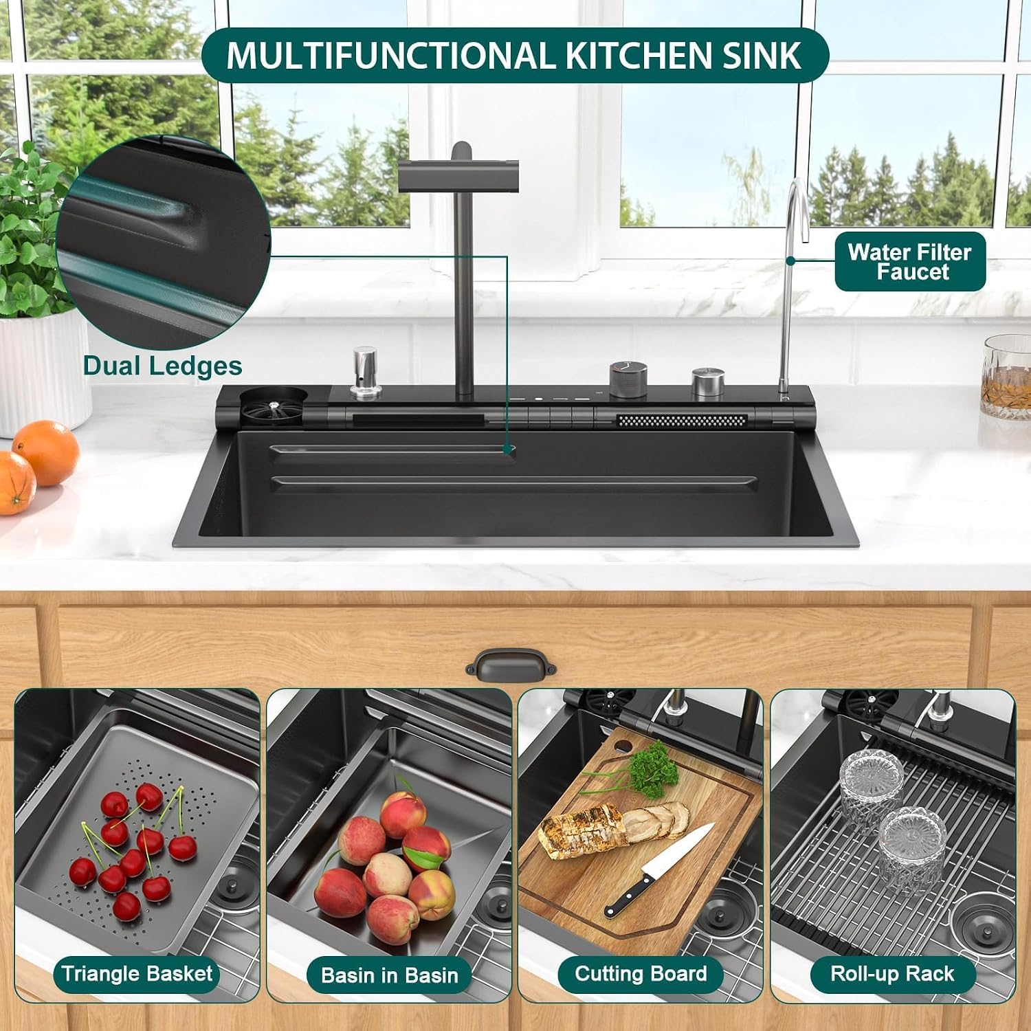 Smart Kitchen Sink - 30' Drop In Waterfall Single Bowl 16 Gauge 304 Stainless Steel Workstation Sink with Mechanical Control Panel & Pull-Down Faucet, Gunmetal Black for Decoration #TLWF-0012