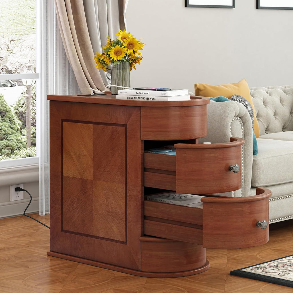 Narrow End Table with Charging Station, Vintage Slim Sofa Side Table & Nightstand with 2 Drawers, Compact Wood Storage for Living Room Bedroom Small Spaces, Fully Assembled, Brown