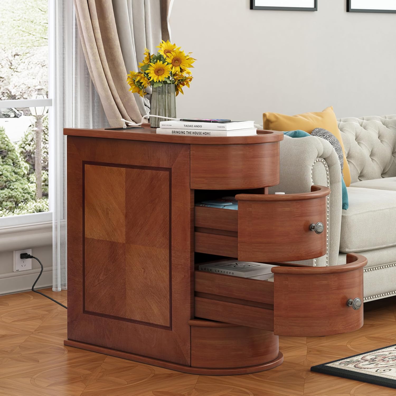 Narrow End Table with Charging Station, Vintage Slim Sofa Side Table & Nightstand with 2 Drawers, Compact Wood Storage for Living Room Bedroom Small Spaces, Fully Assembled, Brown