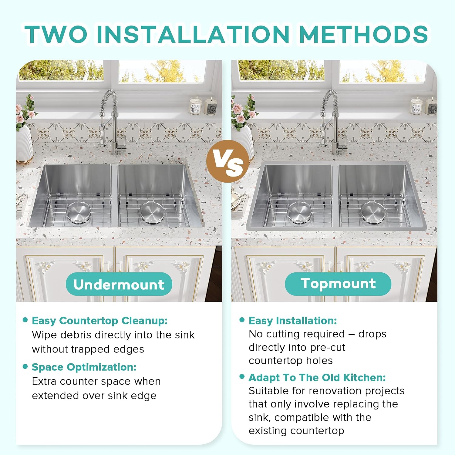 Rhbamoa 32 Inch Double Bowl Kitchen Sink Undermount,16-GaugeT304 Stainless Steel Kitchen Sink,50/50 Undermount Double Sinks with Accessories,Deep Sinks with Brushed Finish,Round Corner