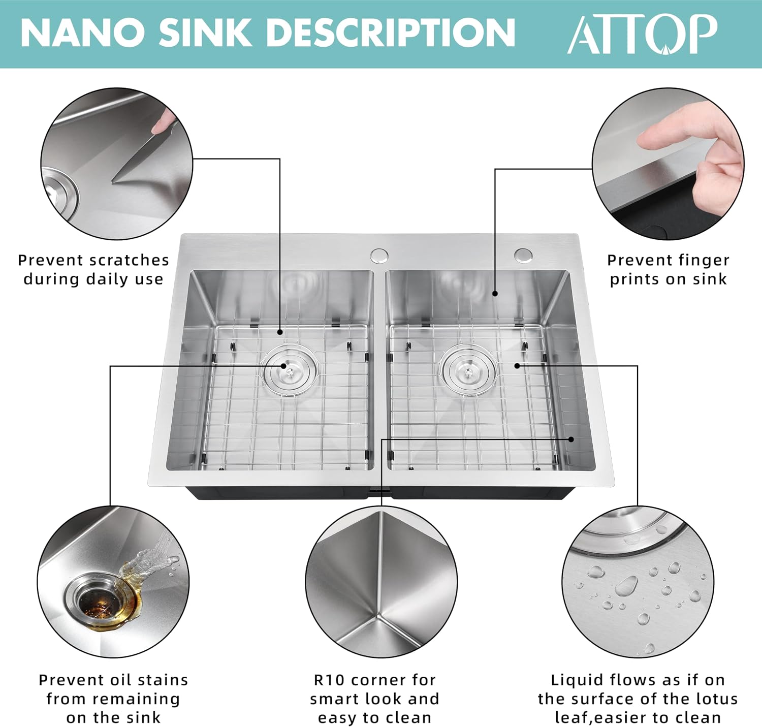 ATTOP 33 Inch Large Double Bowls Drop in Kitchen Sink,Nano Coating Stainless Steel Handmade Topmount Kitchen Sink