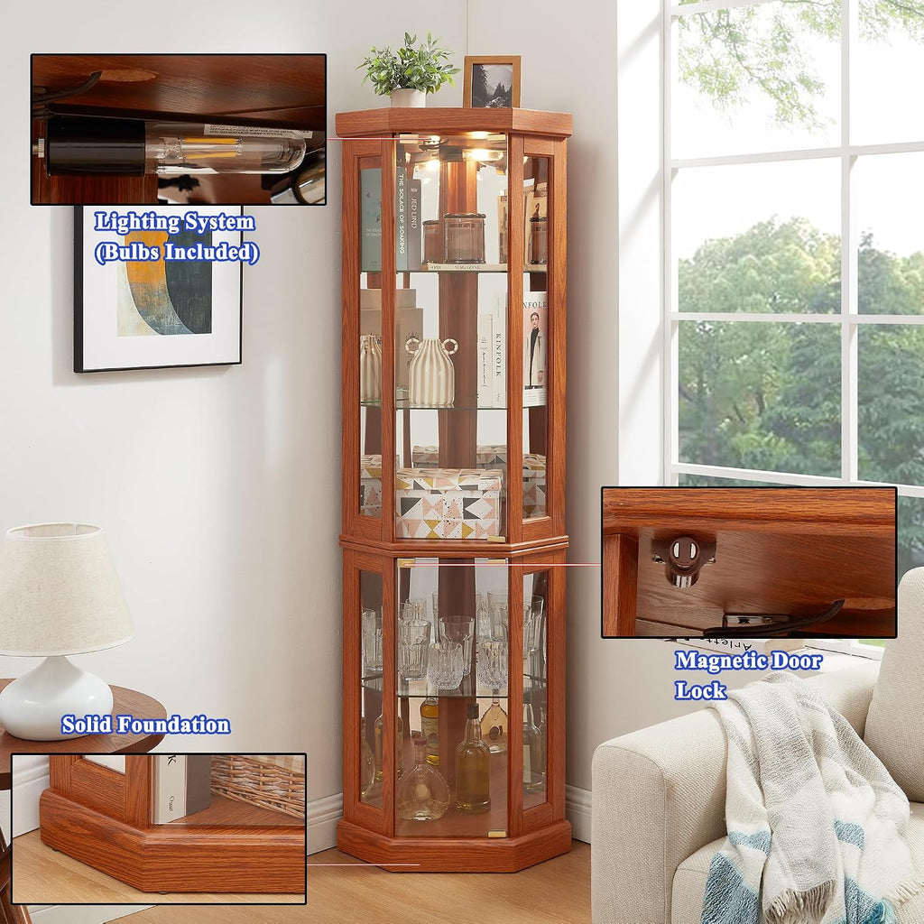 69' H Lighted Corner Curio Cabinet, 5-Tier Curio Glass Display Cabinet w/Glass Door & Adjustable Shelves, Wooden Display Showcase Corner Storage Cabinet for Living Room(Dark Oak)