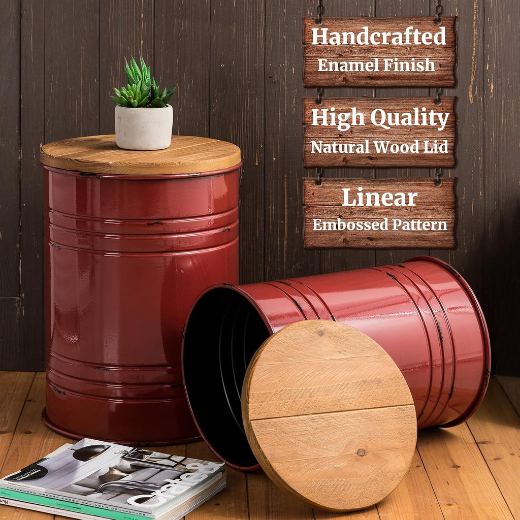 Glitzhome 4-Piece Galvanized Side Table Set, Metal Farmhouse Barrel Toy Box Bins with Round Wood Lid, Rustic Ottoman Seat Stool with Large Storage Space, for Living Room, Bedroom,Red