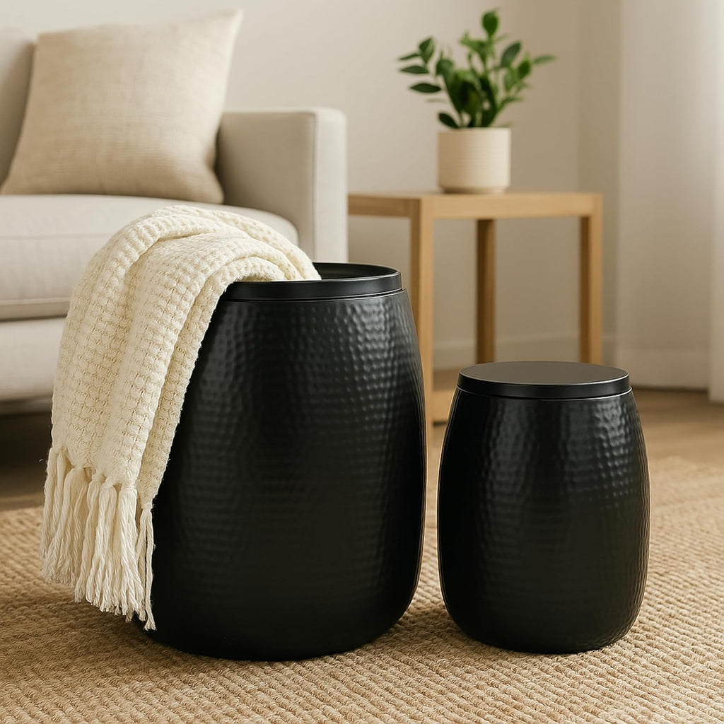 happimess SSL2002A-2SET Merida Modern Rustic 2-Piece Hammered Metal Drum Storage Side Tables with Lids, End Table for Decoration in Living Room, Bedroom, Bathroom, Matte Black