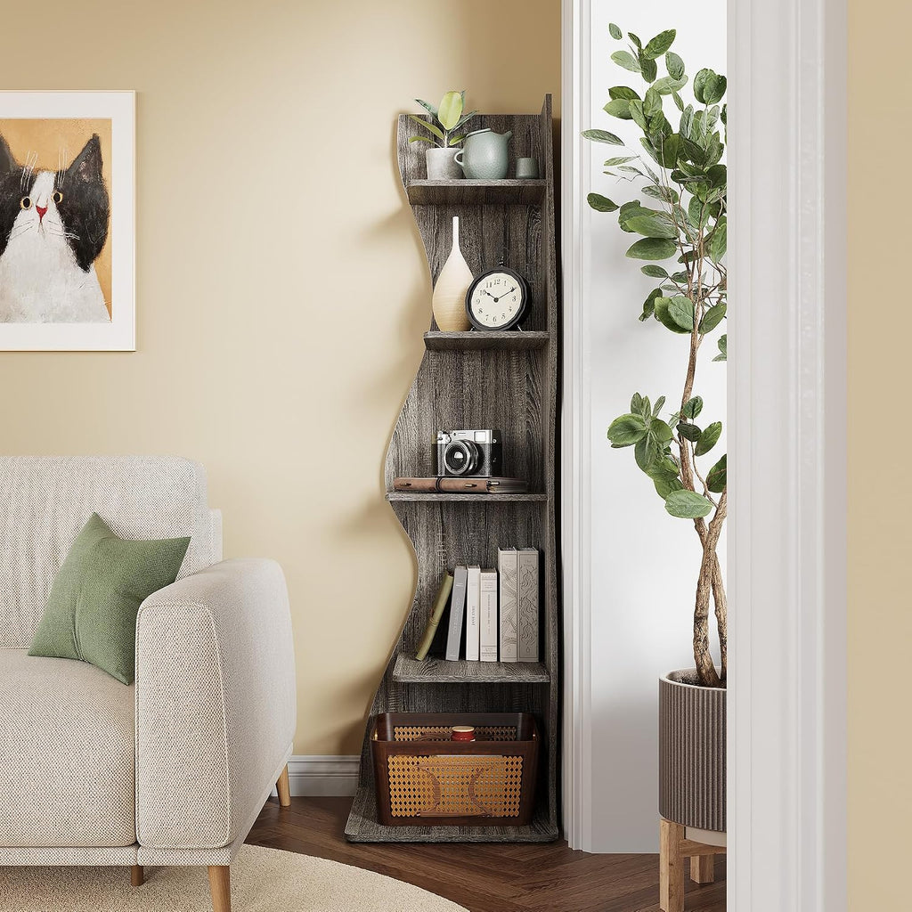 LITTLE TREE Small Corner Shelf, Modern 5-Tier Wall Corner Bookshelf, Stylish Bookcase Storage Rack for Small Space, Living Room, Bedroom
