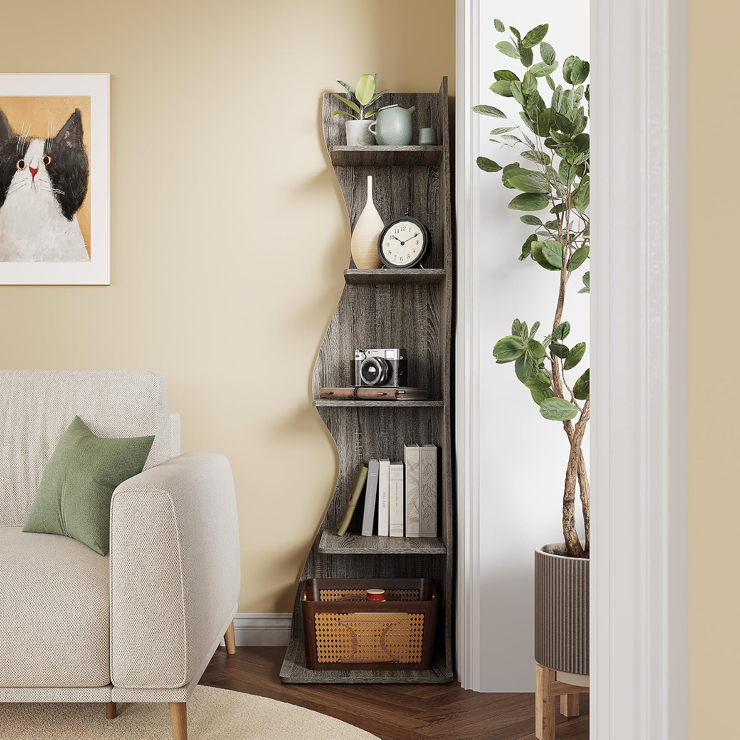 LITTLE TREE Small Corner Shelf, Modern 5-Tier Wall Corner Bookshelf, Stylish Bookcase Storage Rack for Small Space, Living Room, Bedroom