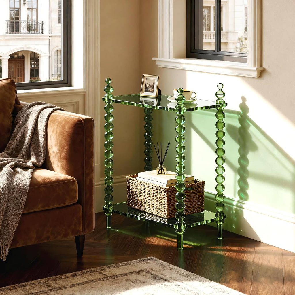Acrylic Side Table 2-Tier, Clear Nightstand with Storage, Narrow Bedside End Table for Small Spaces (Green, 20.6'×10.4'×26')