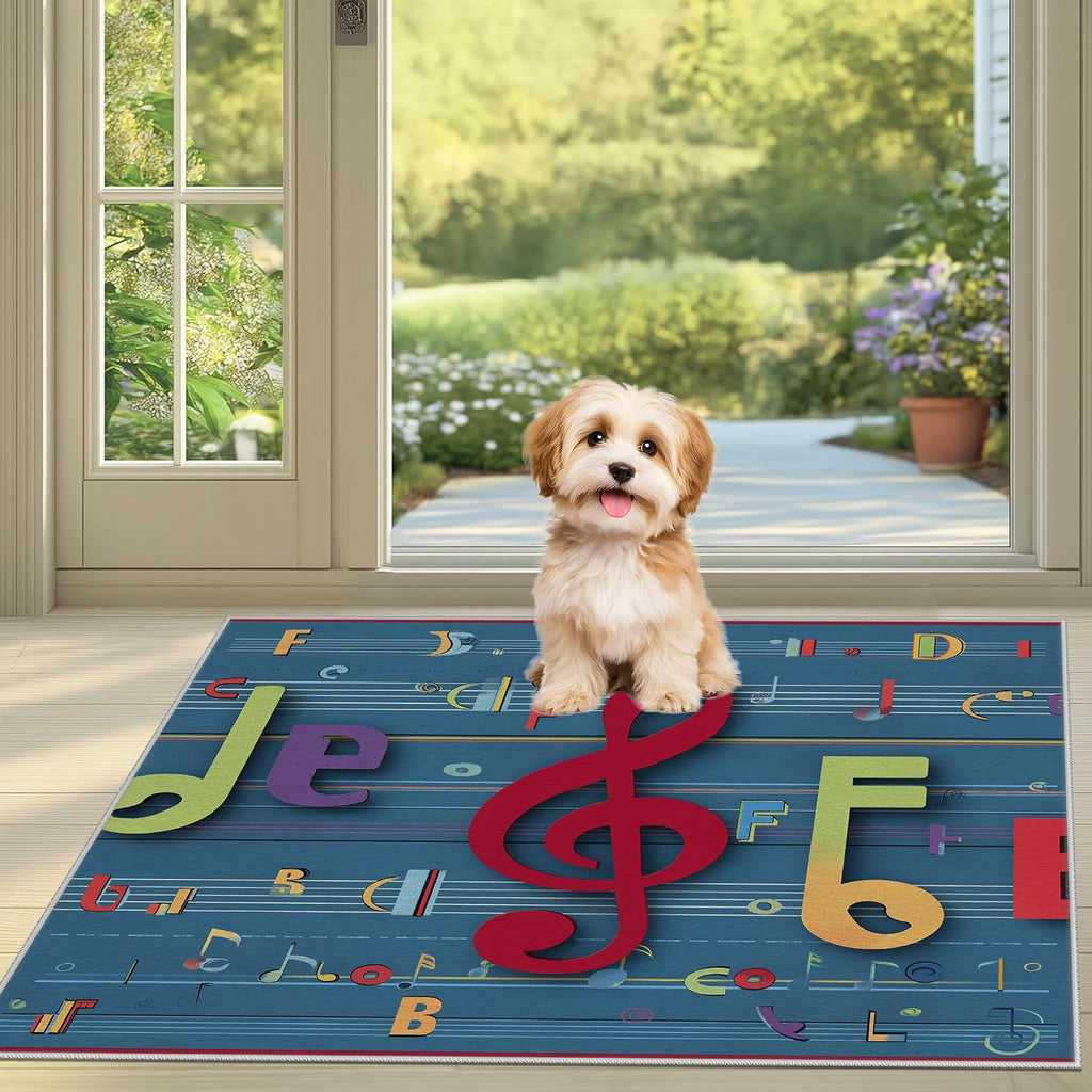 Music Note Kids Rugs 4x7 for Playroom Classroom Nursery Preschool, Vintage Musical Alphabet Area Rug for Girls Boys Bedroom Room Decor, Music Lovers Playing Carpet Non-Slip