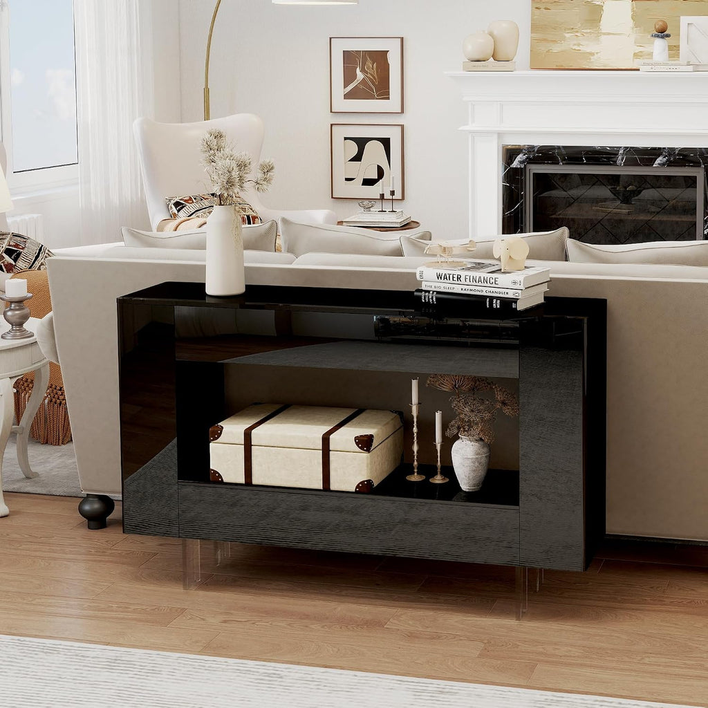 47' High Gloss Console Table with Hidden Side Storage Cabinets, Adjustable Shelves, Modern Black Entryway Sofa Table for Behind The Couch, Living Room, Hallway, Black