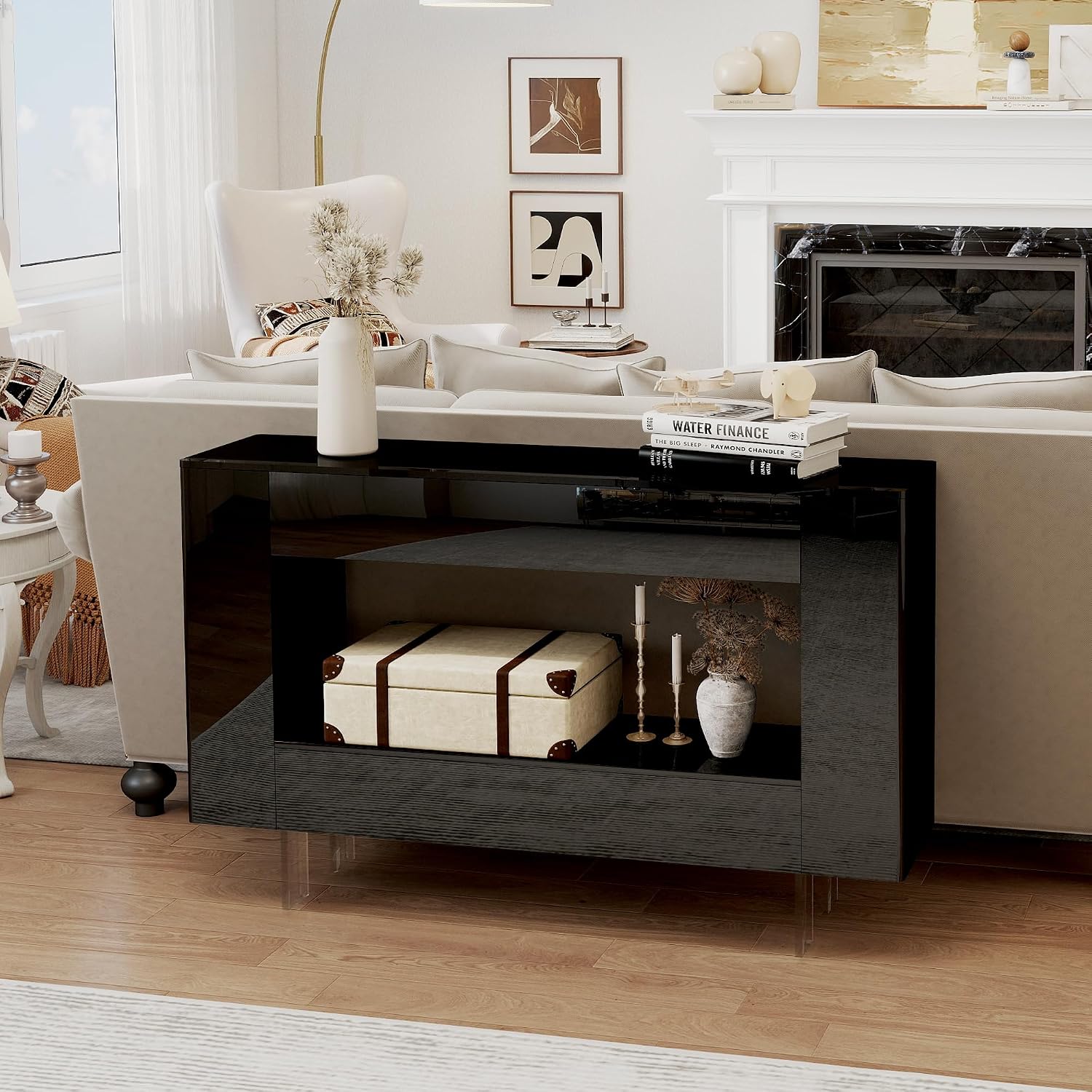 47' High Gloss Console Table with Hidden Side Storage Cabinets, Adjustable Shelves, Modern Black Entryway Sofa Table for Behind The Couch, Living Room, Hallway, Black