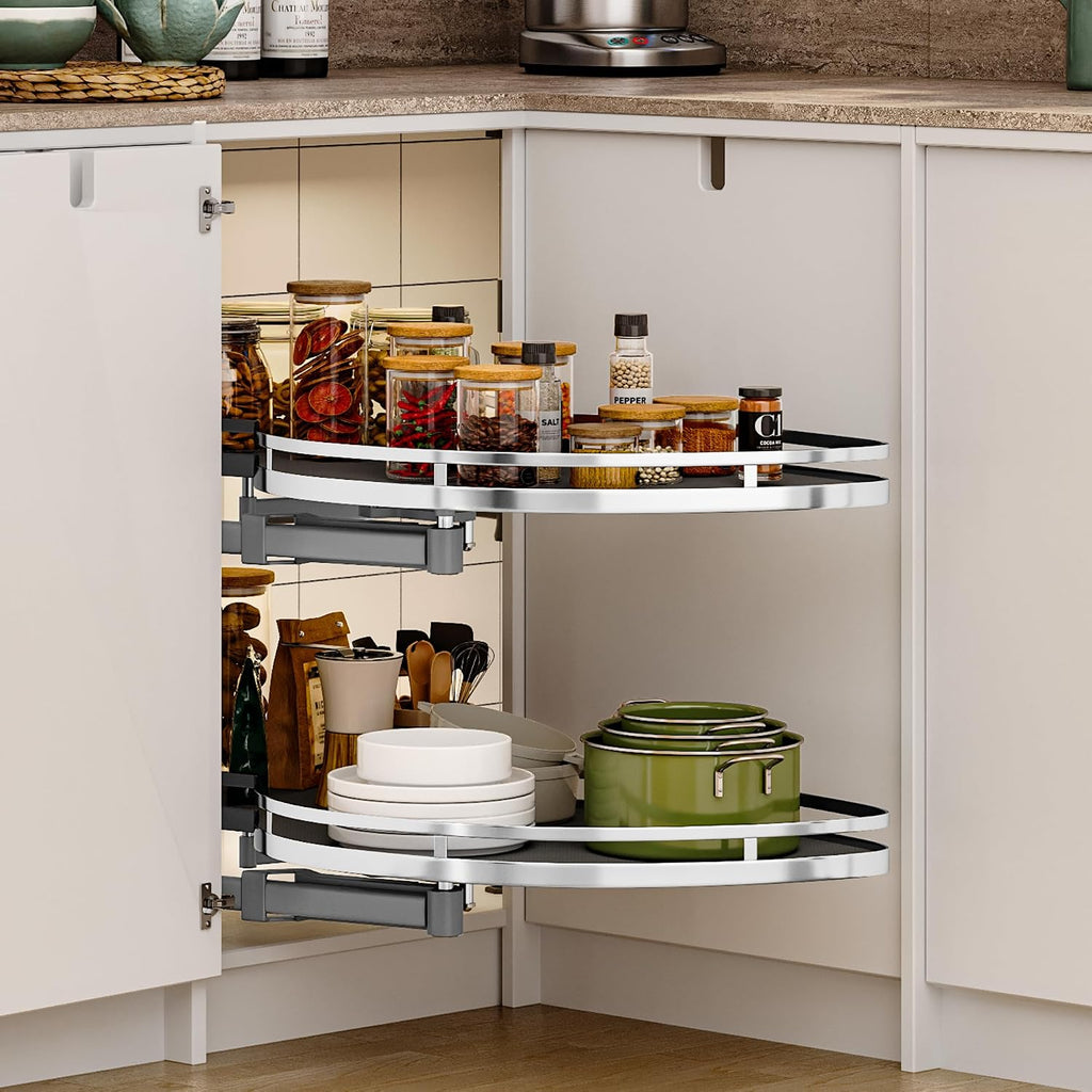 DWVO Corner Cabinet Pull-Out Organizer, 2-Tier Blind Corner Shelf with 270° Swing-Out Tray, Left Swing, Heavy-Duty Chrome Plated Iron, 32.7'x17.3'x21.3', Gray