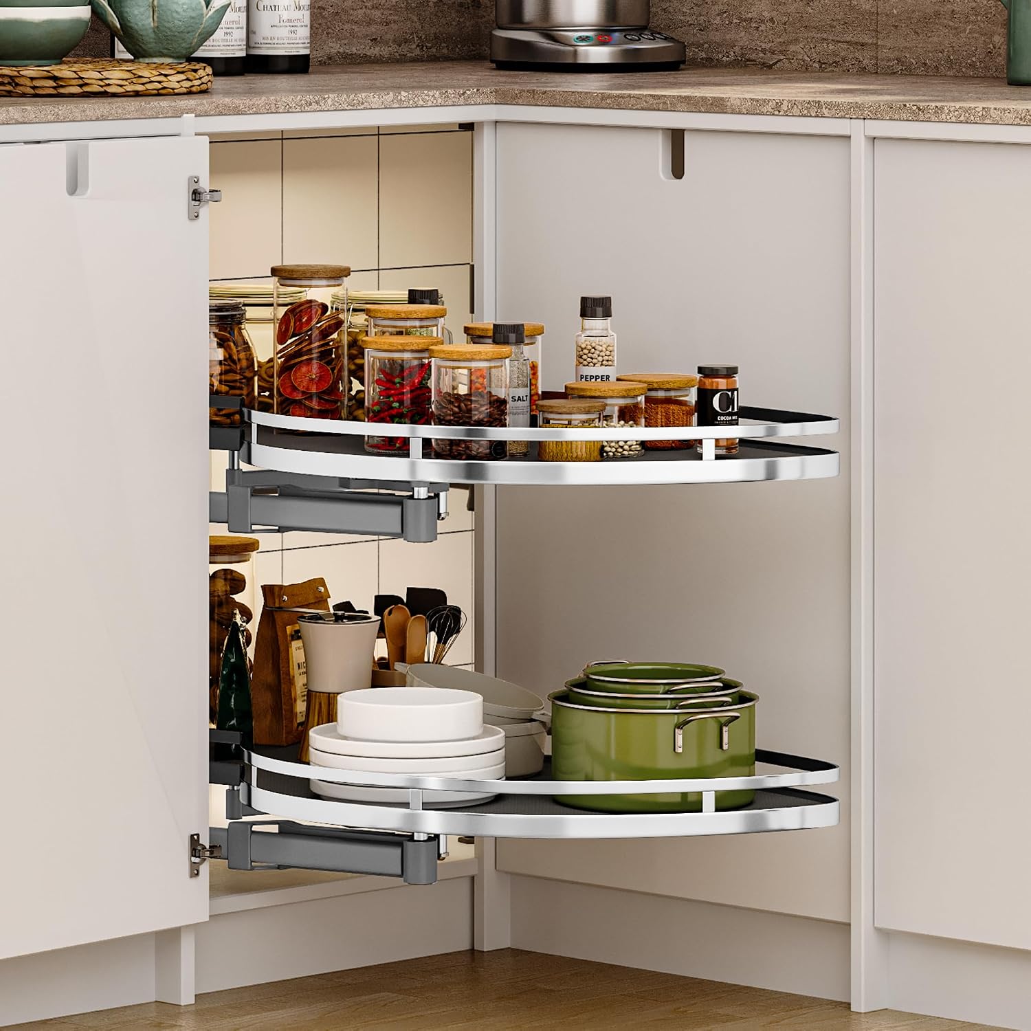 DWVO Corner Cabinet Pull-Out Organizer, 2-Tier Blind Corner Shelf with 270° Swing-Out Tray, Left Swing, Heavy-Duty Chrome Plated Iron, 32.7'x17.3'x21.3', Gray