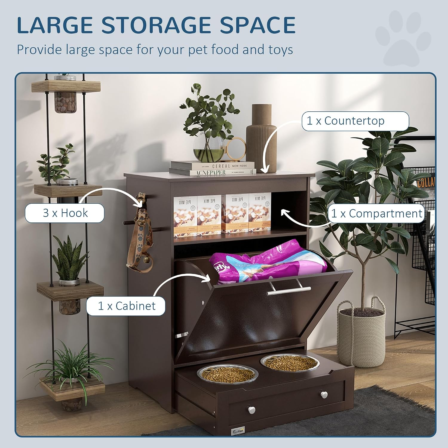 PawHut Dog Feeding Station with Raised Bowls, Dog Food Storage Cabinet with Hanger for Feeding & Watering Supplies, Pet Feeder Station, Brown