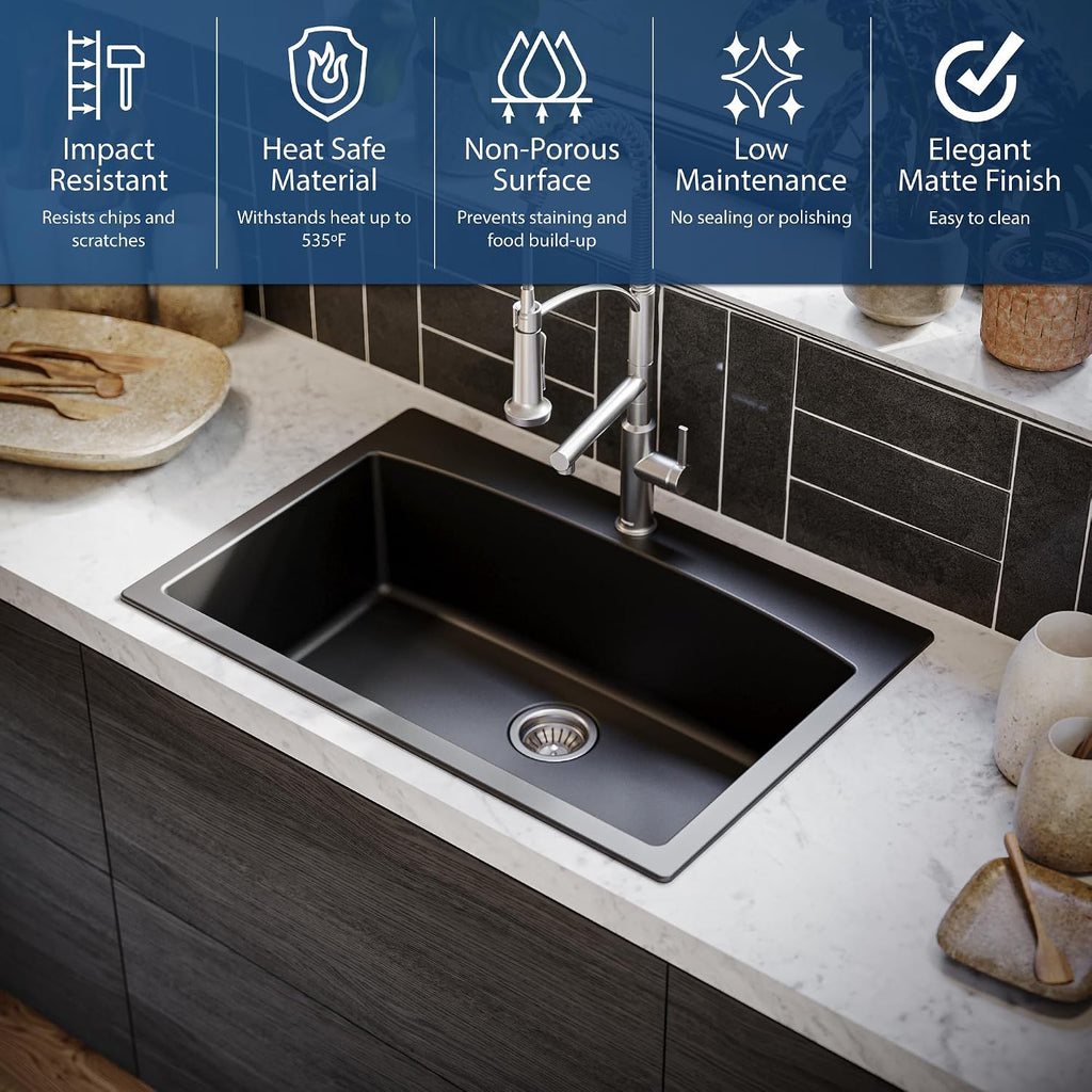 Karran QT-712 33 Inch Drop-In Quartz Composite Single Bowl Kitchen Sink, Top Mount, 1-Hole, Heat & Scratch Resistant, Easy Clean, Black