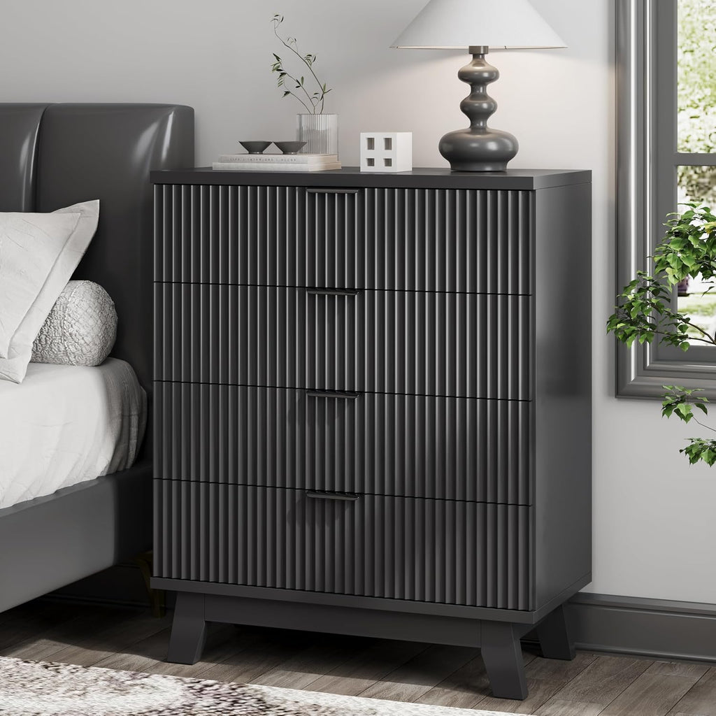 Fluted Nightstand, 31.5' Wide Side Table with 4 Large Storage Drawers, Mid Century Modern Wood Night Stand with Metal Handle, Wooden Bedside End Table for Bedroom, Living Room, Closet, Black