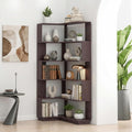 5 Tier Corner Bookshelf, Freestanding L-Shaped Wooden Bookcase with Open Shelves, Anti-Fall Panels and Anti-Tipping Device for Living Room, Home Office (Ox Blood Red with Right Extension)