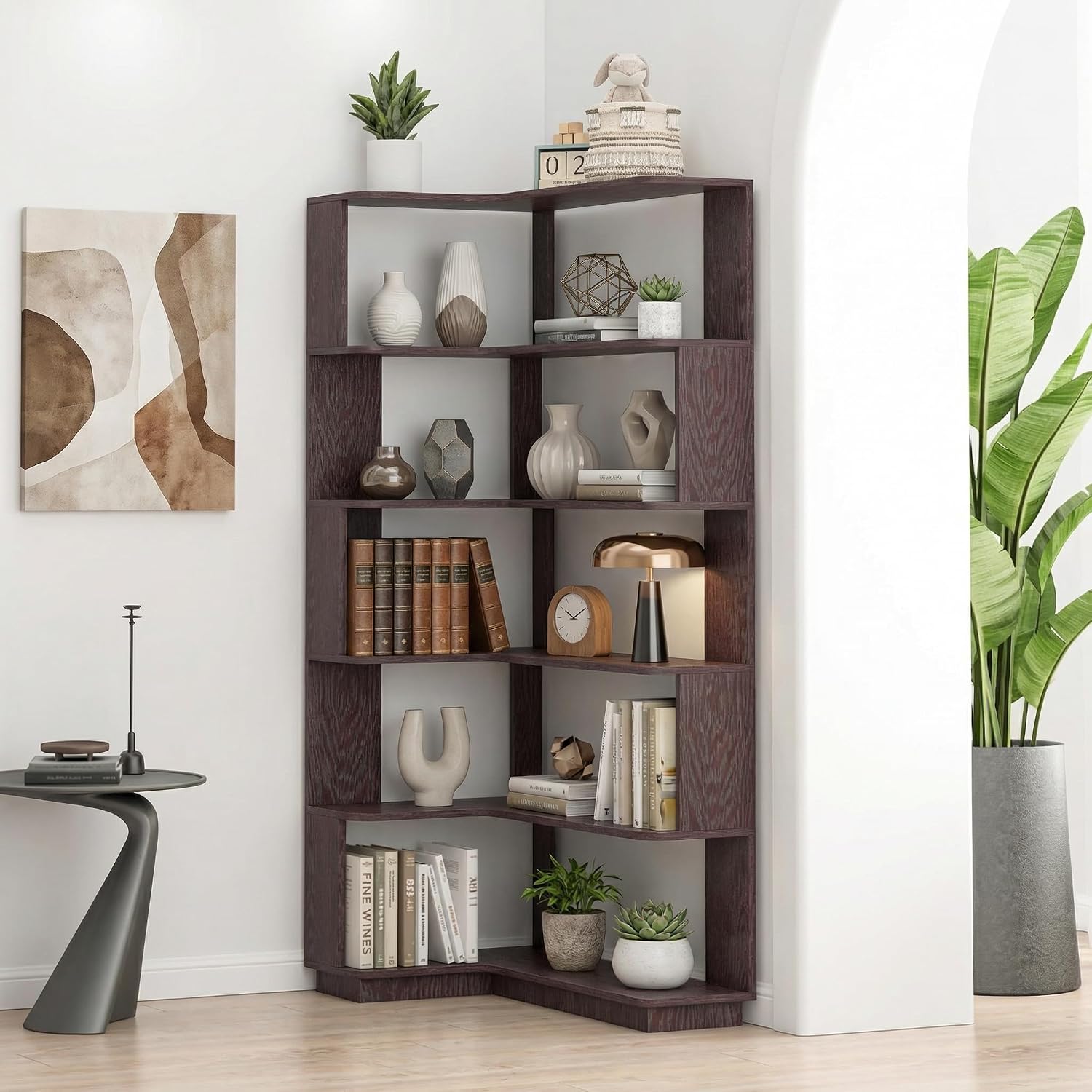 5 Tier Corner Bookshelf, Freestanding L-Shaped Wooden Bookcase with Open Shelves, Anti-Fall Panels and Anti-Tipping Device for Living Room, Home Office (Ox Blood Red with Right Extension)