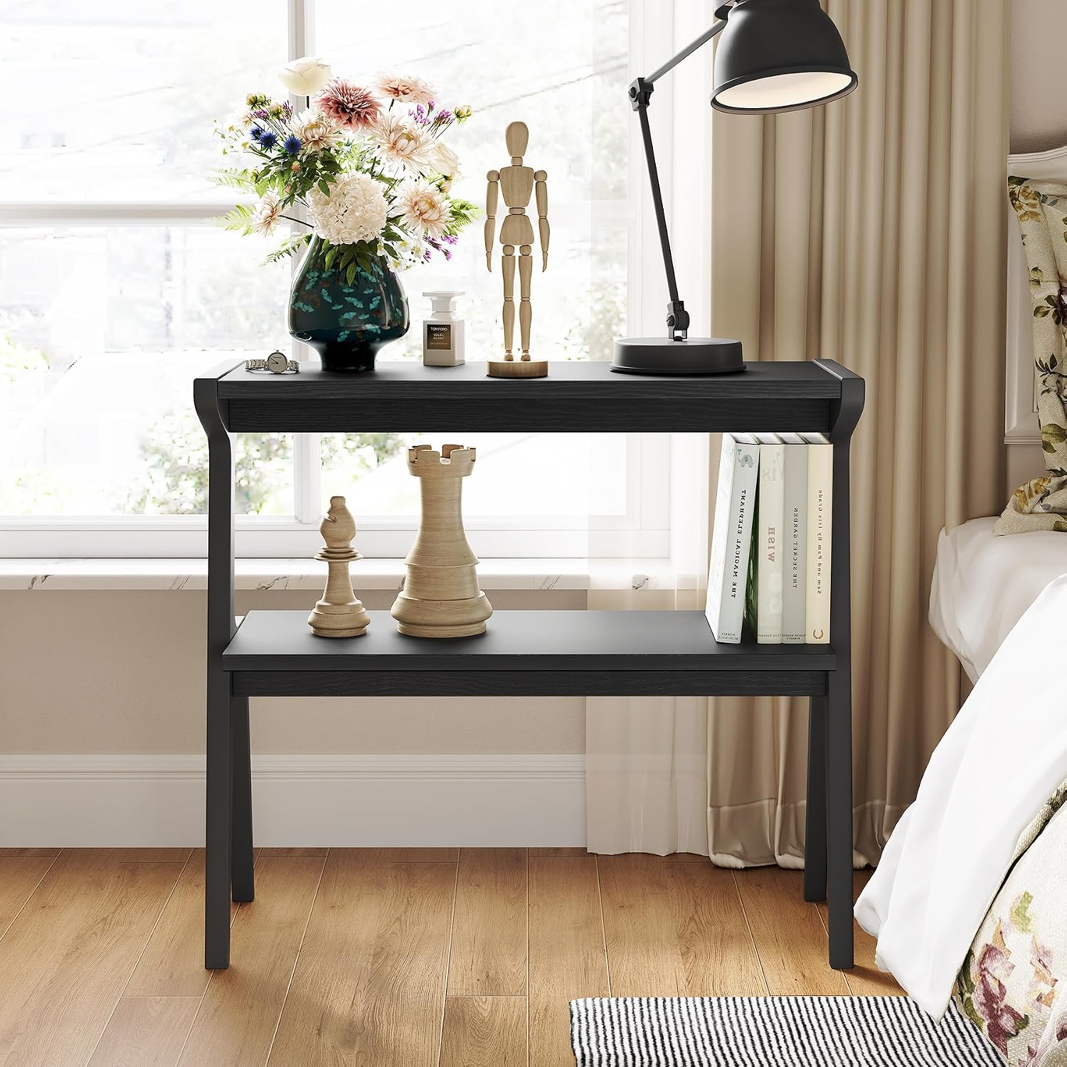 1Easylife Narrow End Table Set of 2, Solid Wood Sofa Side Table with 2-Tier Storage Shelf, Tall Slim Bedside Table Nightstand for Living Room, Bedroom, Black