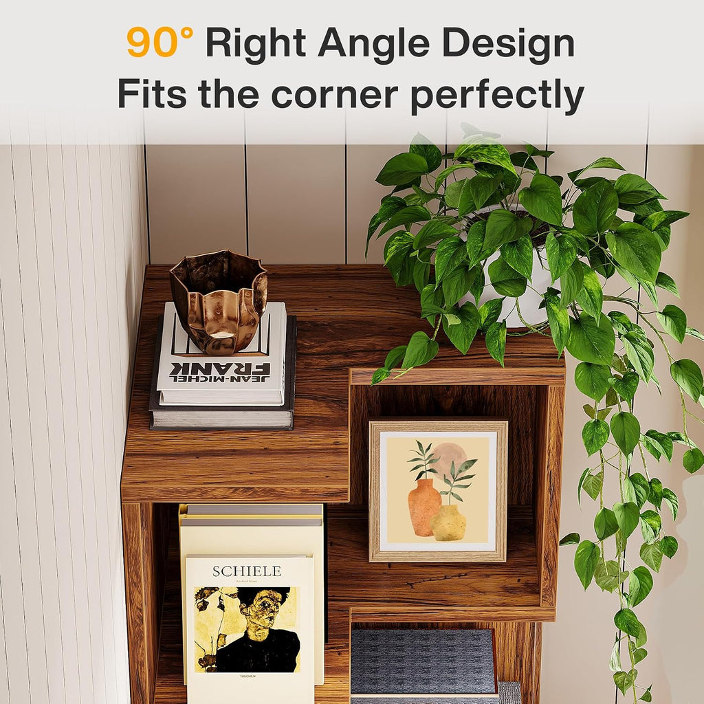 Tribesigns 5-Tier Corner Bookshelf with 2 Drawers, 66.9-Inch Tall Corner Bookcase Shelf, Mid-Century Modern Corner Storage Cabinet Display Rack Shelf for Living Room, Home Office (Rustic Brown)