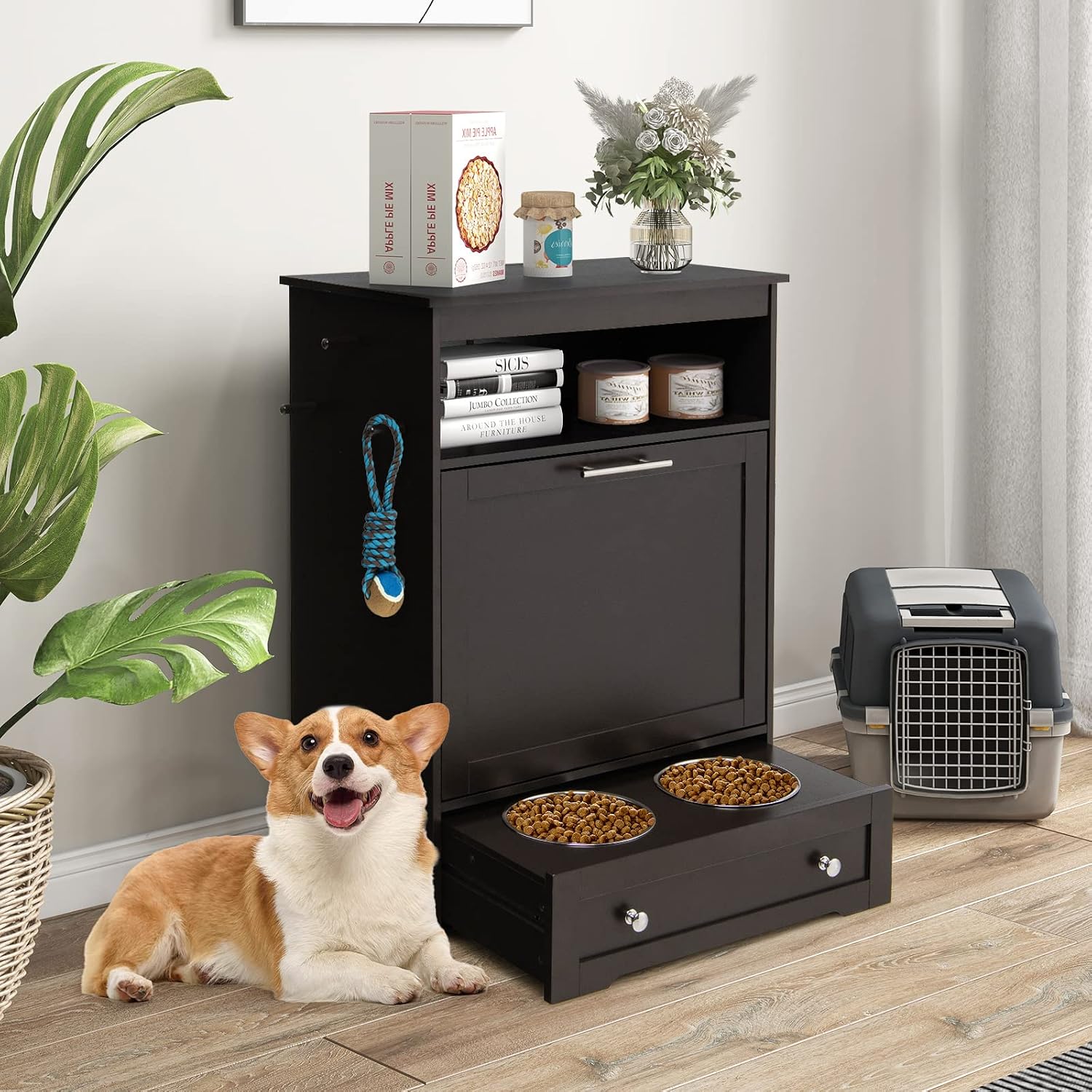 Dog Food Cabinet Feeding Station with 2 Raised Bowls, Pull Out Elevated Dog Bowl, Storage, 3 Hangers, Pet Feeder Toy Leashes Organizer, Brown