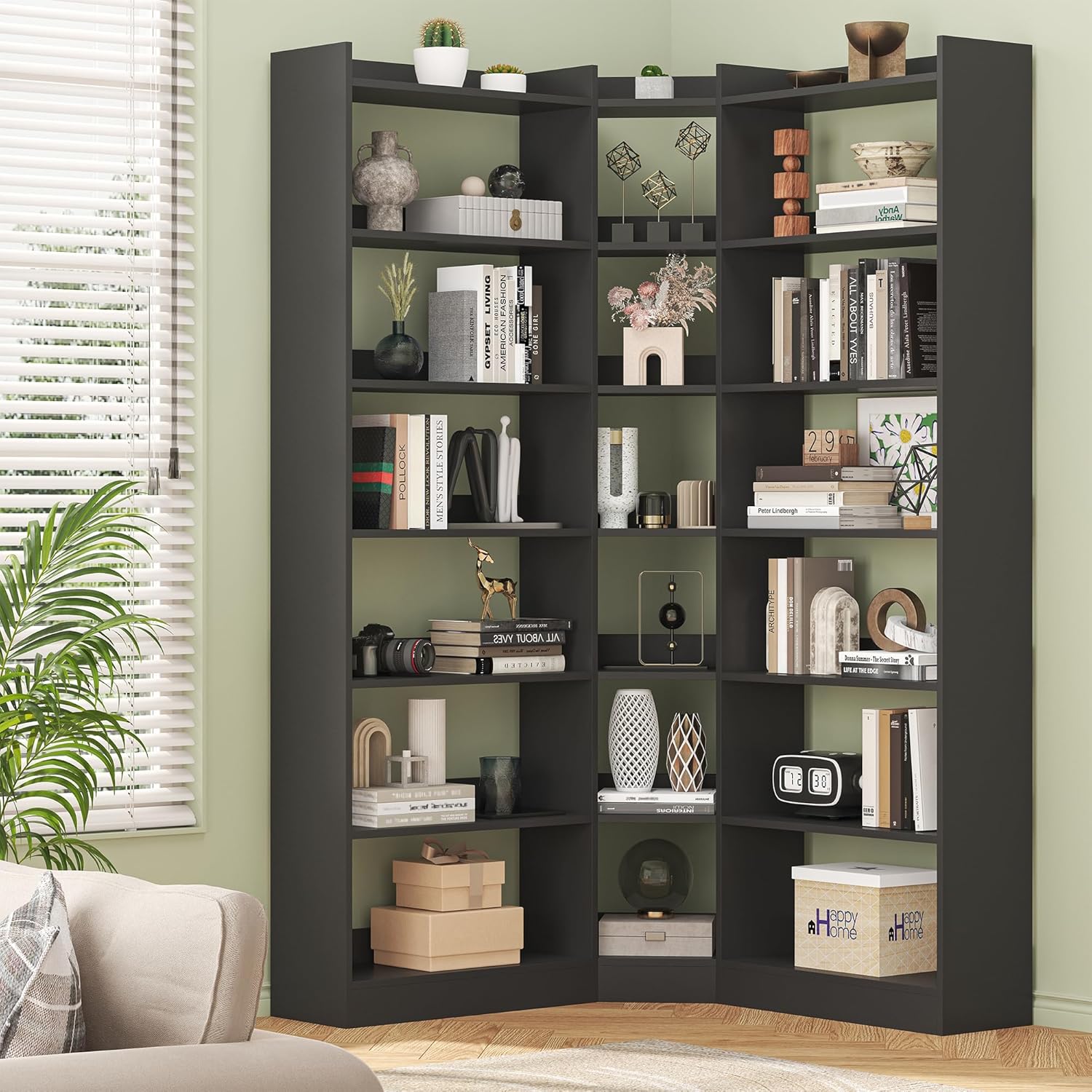 70.8' Tall Corner Bookshelf, 7 Tiers Large Etagere Bookcases with Baffles, L-Shaped Modern Storage Display Rack Industrial Bookshelves for Bedroom, Home Office, Living Room & Kitchen, Black