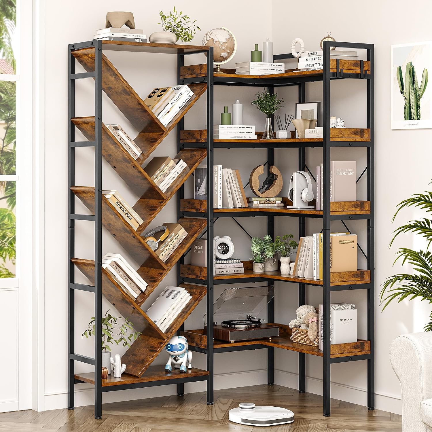 5 Tier Book Shelf, Reversible Corner Bookcase with Hooks, Large Bookshelf with Baffles & Open Display Shelves Storage, Wood L Shaped Book Case with Metal Frame for Living Room Home Office