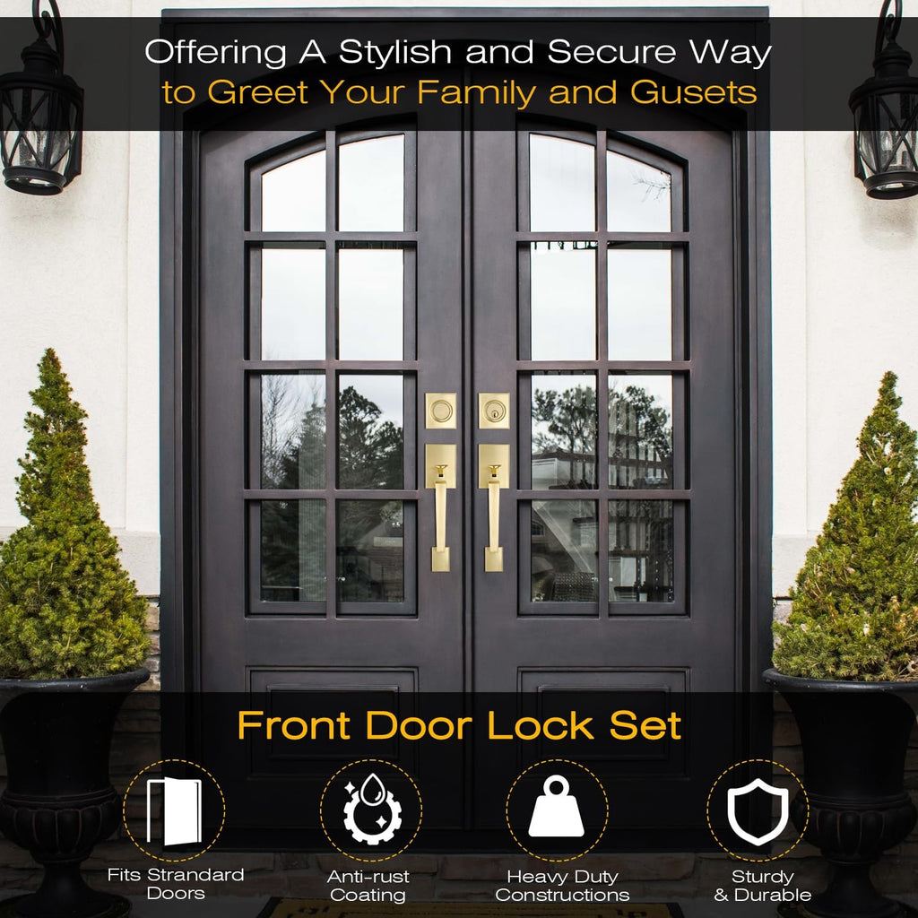 EHOMEWARE Brass Double Front Door Handle Set, Gold Heavy Duty Square Door Lever and Single Cylinder Deadbolt Combo for Side by Side Entrance Exterior Doors, Satin Brass Finish
