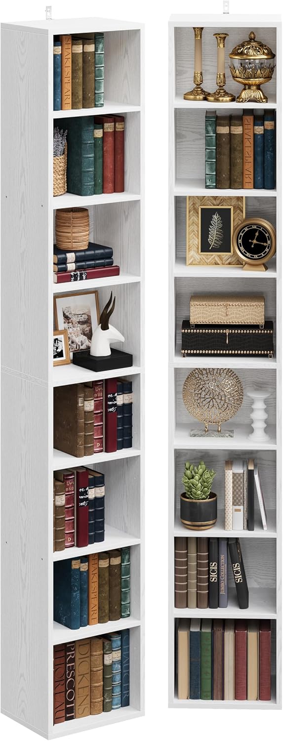 IRONCK Tall Narrow Bookshelf 8 Tiers 71in Set of 2, Compact Corner Bookcase, Easy to Match for Living Room, Office, Study, Bedroom