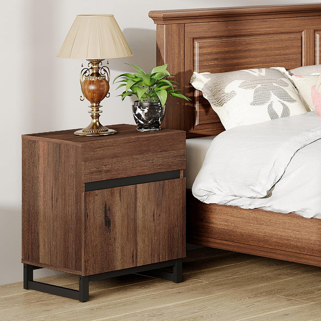 WAMPAT 2 Piece Modern End Table with 1 Drawer & 1 Storage Cabinet, Farmhouse Sofa Table, Wooden Rustic Side Sofa Table with Metal Leg for Living Room, Nighstand for Bedroom, Brown