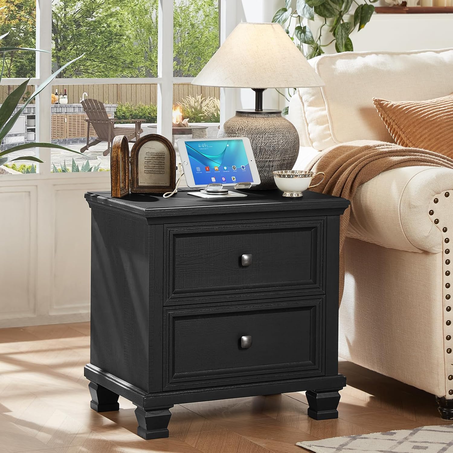 SAVOR LIFE Farmhouse Nightstand with Charging Station, Rustic Low Night Stand with 2 Drawers, Mid-Century Modern End Table with 4 Square Solid Wood Legs, Small Dresser for Bedroom, Home, Black