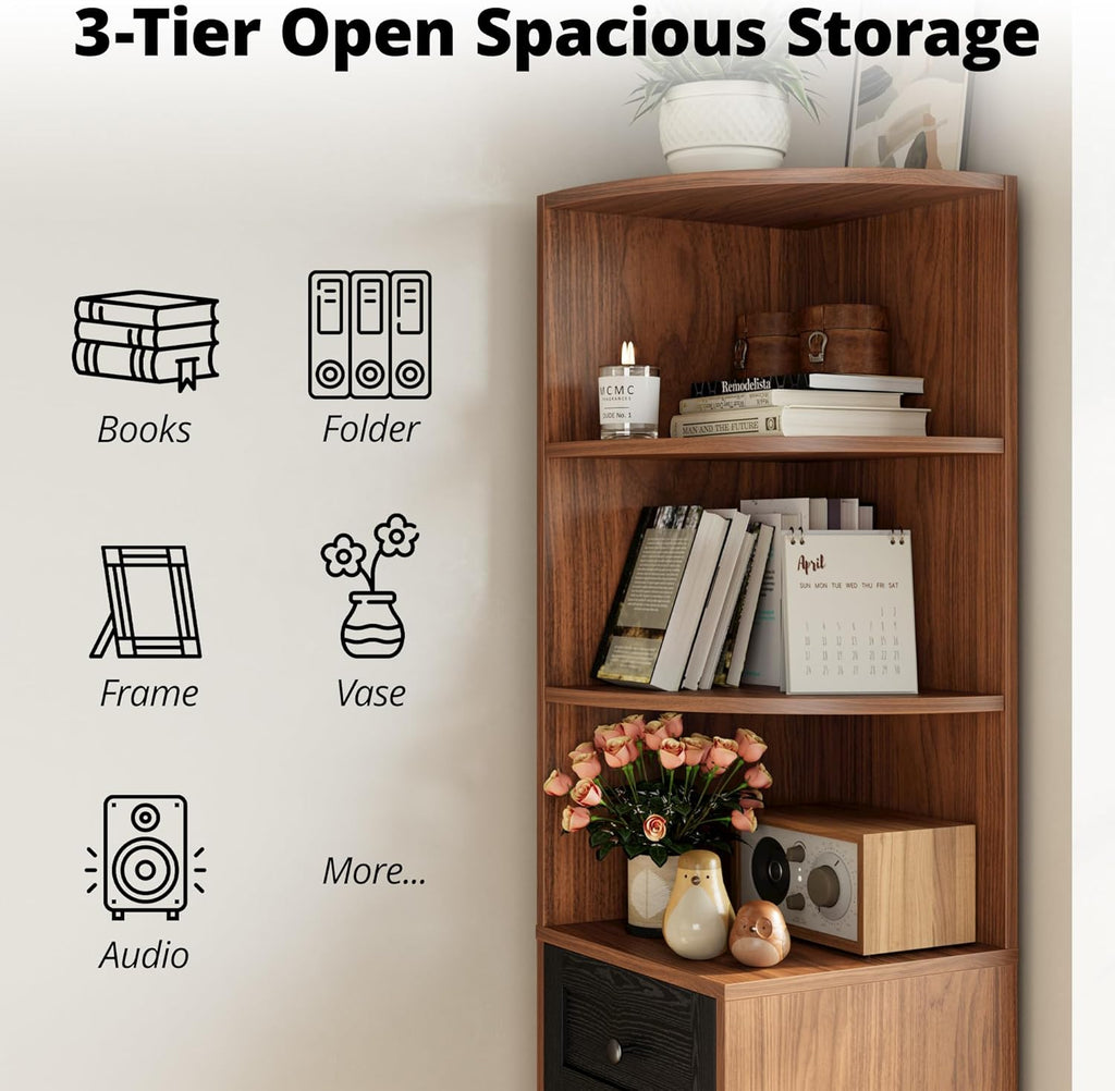 IRONCK Corner Bookshelf and Bookcase, 71' H Wooden Book Shelves 3 Tier with Drawers and Storage Cabinet for Living Room, Office, Bedroom, Brown and Black