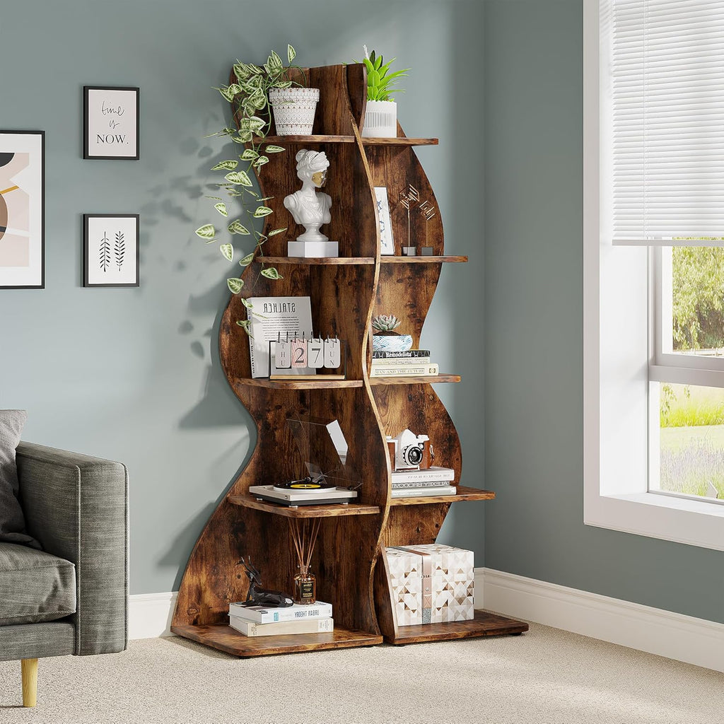 Tribesigns Corner Shelf, Rustic 5-Tier Wall Corner Bookshelf, Stylish Corner Small Bookcase Storage Rack Plant Stand with Unique Shape for Living Room, Home Office (1PC, Brown)