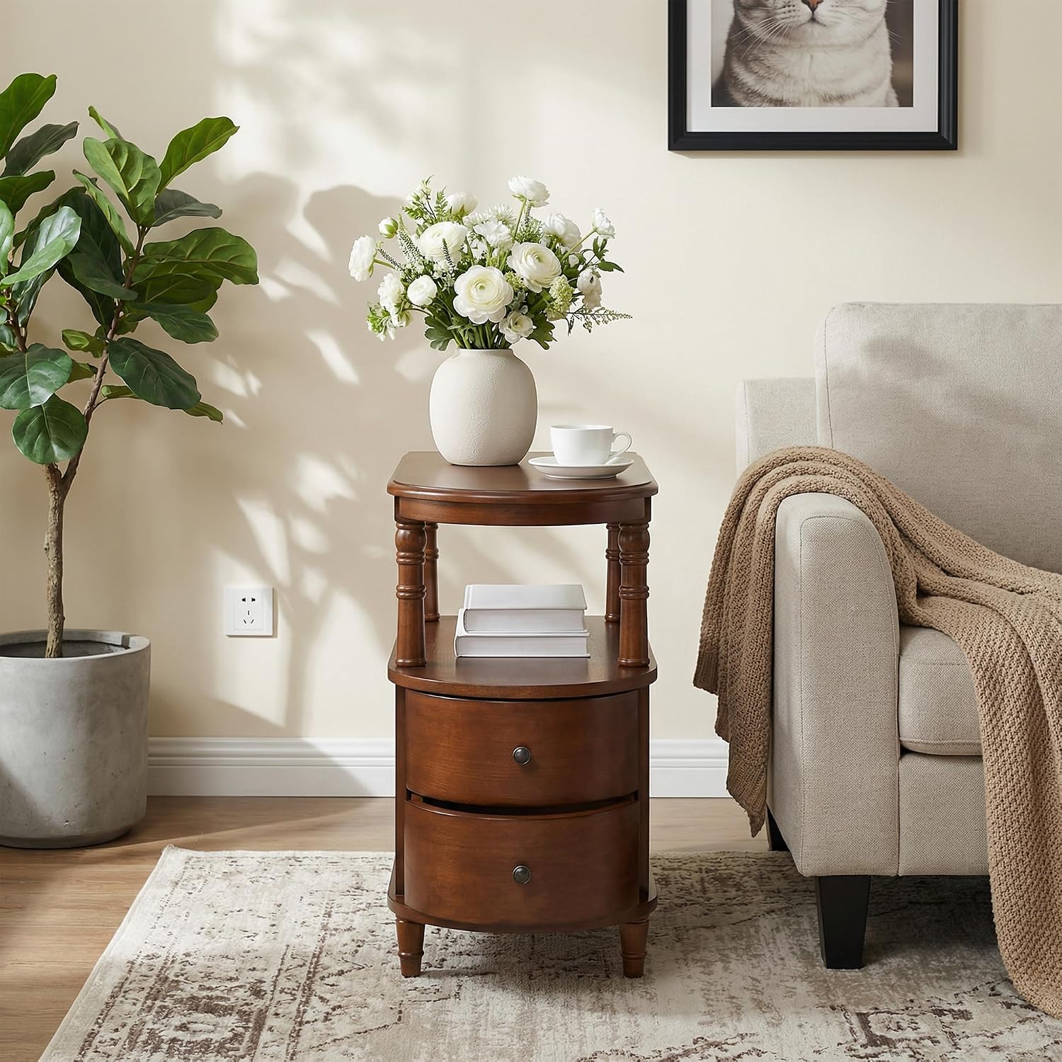 Wood End Table with 2 Drawers and Storage Shelf, Narrow Sofa Side Table for Living Room, Vintage Slim Nightstand Bedside Table for Bedroom, Slim Chair Side Table Cherry Brown BG-A508-MG
