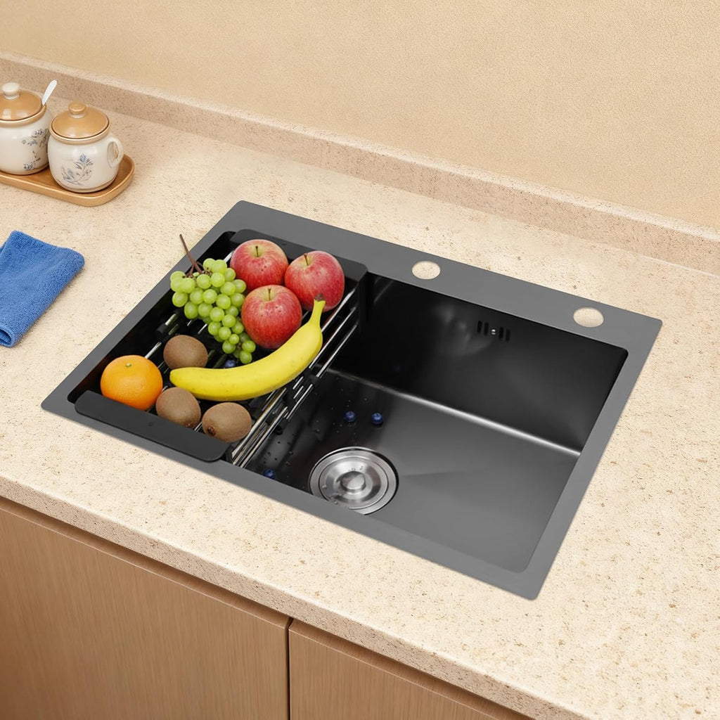 Single Bowl Kitchen Sink Built-in Stainless Steel Sink Thickened One-Piece Stretch Sink with Drain Basket Large-Diameter Drain Ideal for Bathroom or Kitchen 68 * 45cm