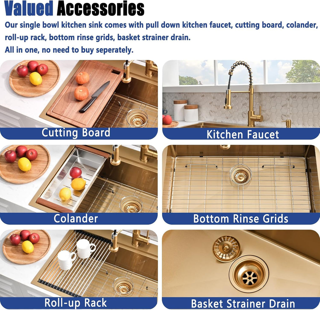 33x19 Inch Gold Drop In Kitchen Sink with Faucet - Brushed Finish Stainless Steel Single Bowl Workstation Sinks, Includes Accessories Set, Easy to Install for Home & Restaurant