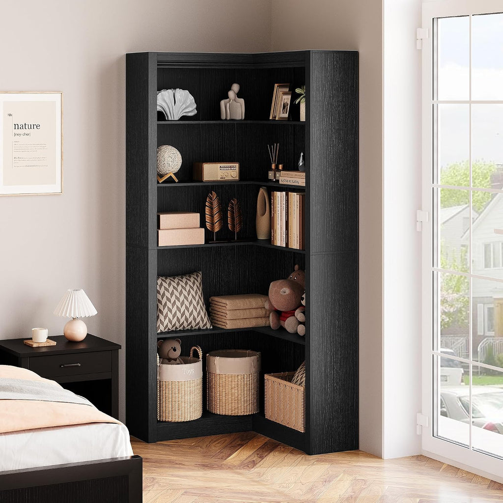 GarveeHome Corner Bookshelf Black, 71.8 in Black Corner Bookcase, L-Shaped Bookshelf Farmhouse Bookcase, 5 Tier Display Shelf Heavy Duty Bookcases, Bookshelves with Storage