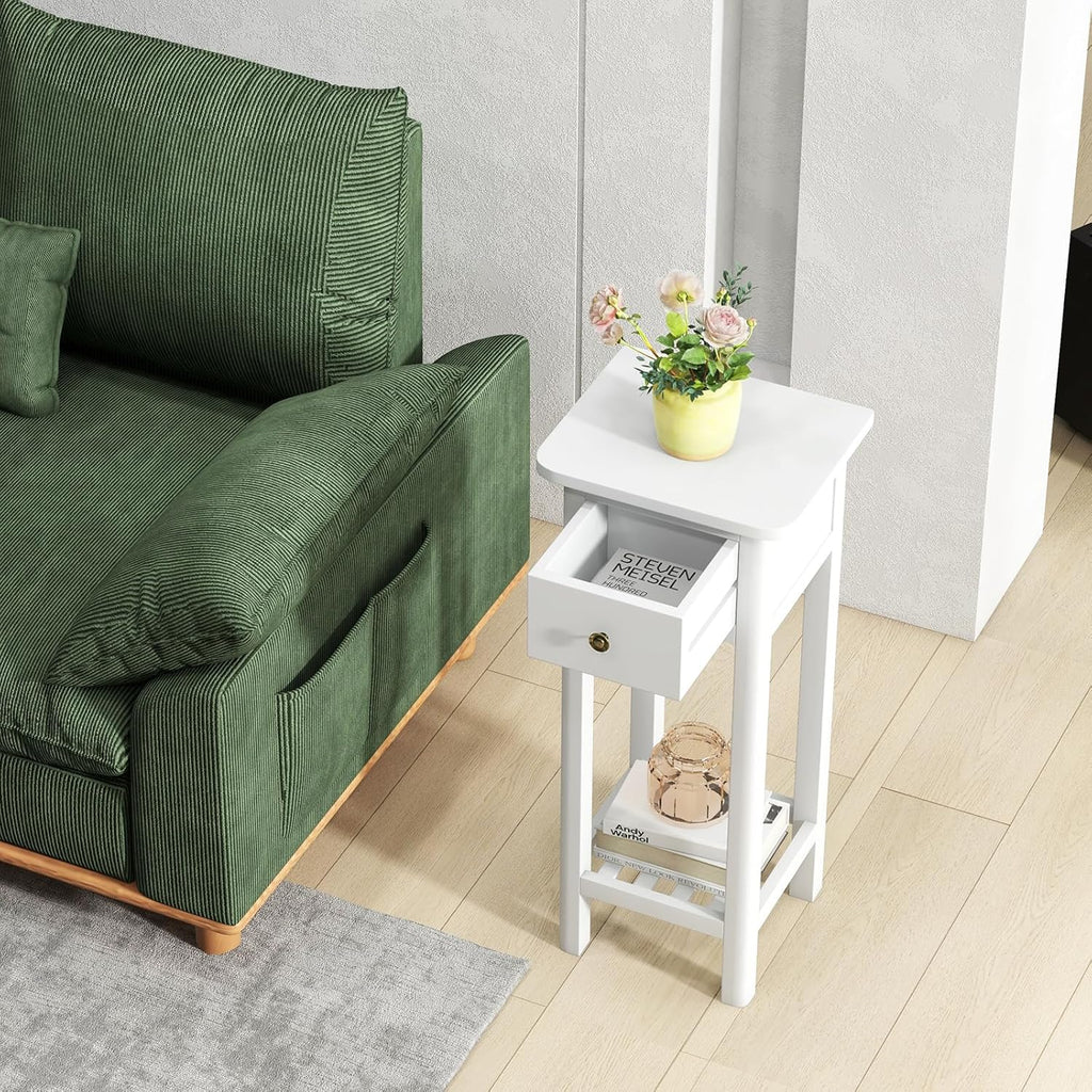 GOFLAME Narrow Side Table Set of 2, Small End Table with Drawer & Shelf, Farmhouse Acacia Wood Tall Sofa Side Table, Slim Nightstand Bedside Table for Small Space Living Room, No Assembly, White